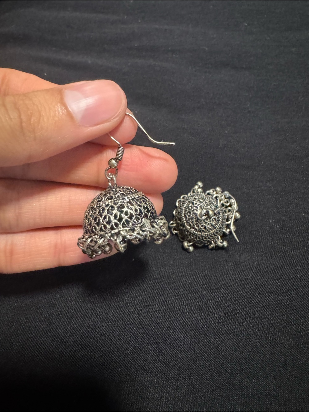 Intricate Silver-Tone Filigree Jhumka Earrings - Women Jewelry